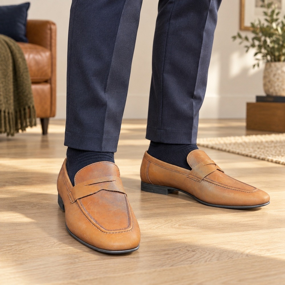 Aldo Mens Tan Leather Penny Loafers Size 8 Dress Shoes Moc Toe Slip On Business